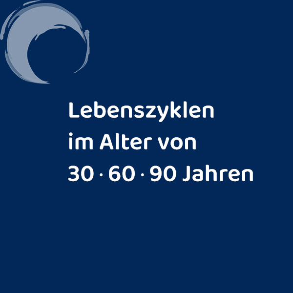 Lebenszyklen im Alter von 30, 60, 90 Jahren, Dunkelblauer Hintergrund, weisse Schrift